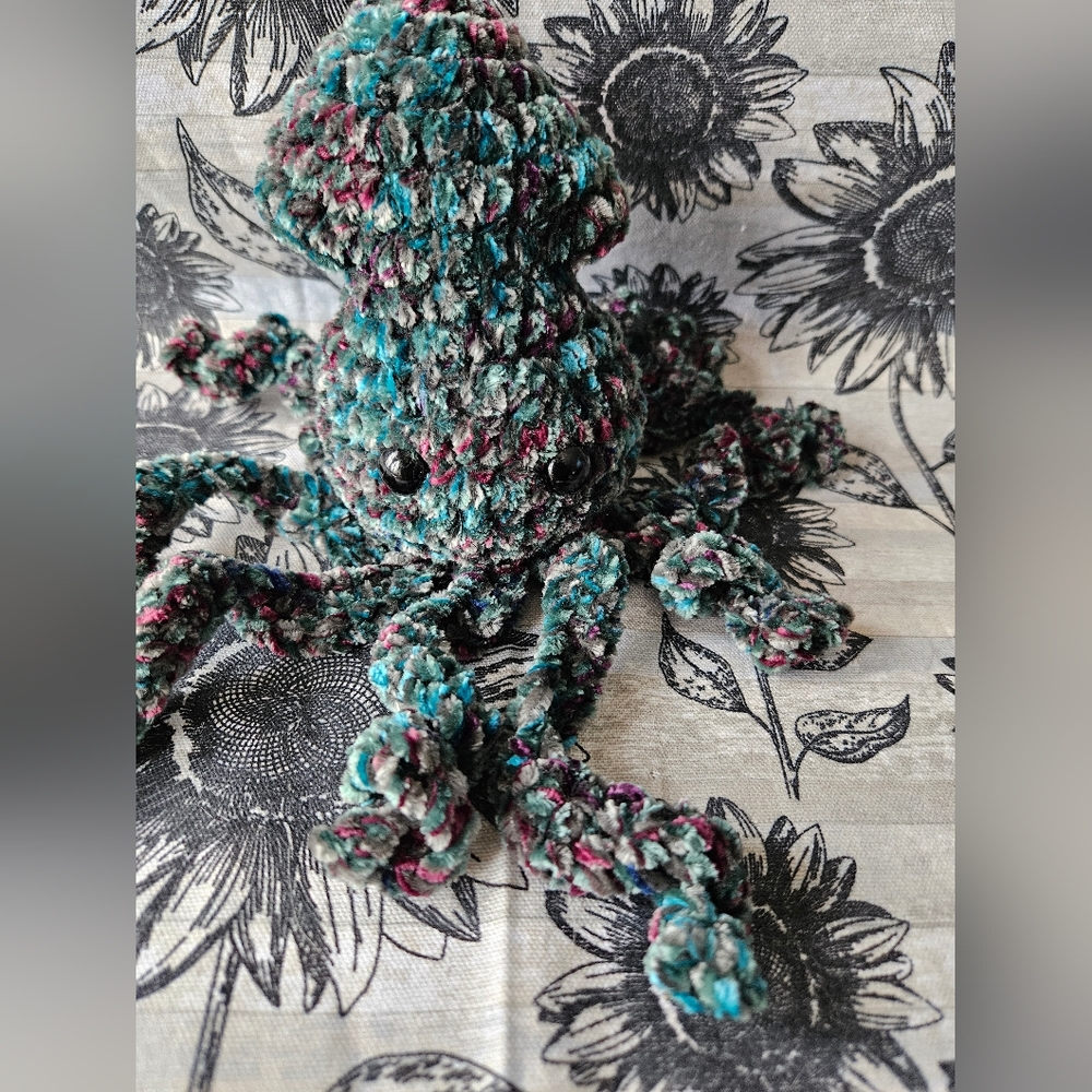 Green blue velvet crochet squid amigurumi plushie